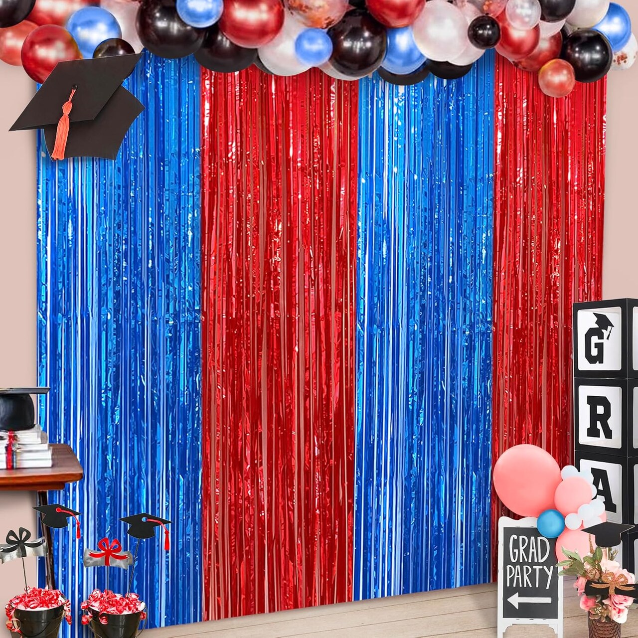 Red and Blue Streamers, Pack of 2 - Xtralarge, 3.2x8 Feet | Red and Blue Fringe Curtain, Red and Blue Party Decorations | Circus Theme Party Decorations | Red and Blue Carnival Decorations
